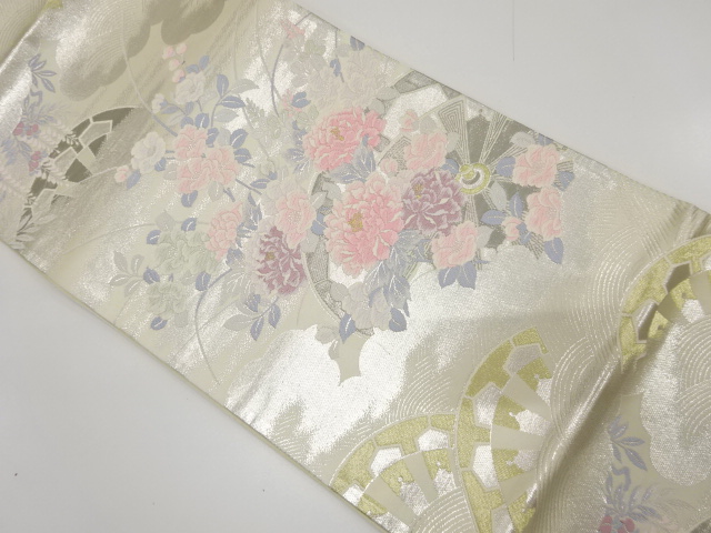 JAPANESE FUKURO OBI / PLATINUM FOILWOVEN PEONY